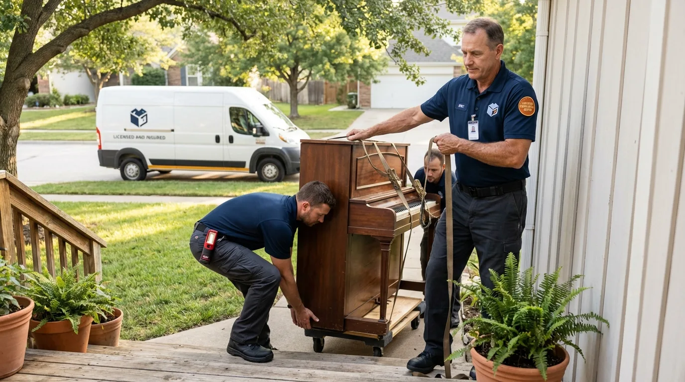 Licensed piano movers securing grand piano in Dilworth, MN