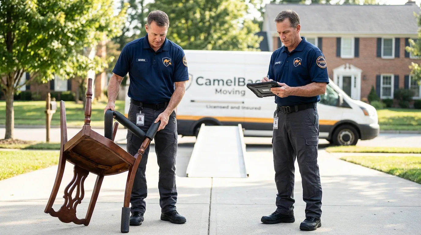 Movers inspecting furniture for damage prevention before loading in Dilworth, MN