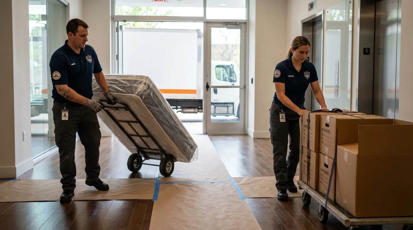 Professional apartment movers loading elevator in Dilworth, MN